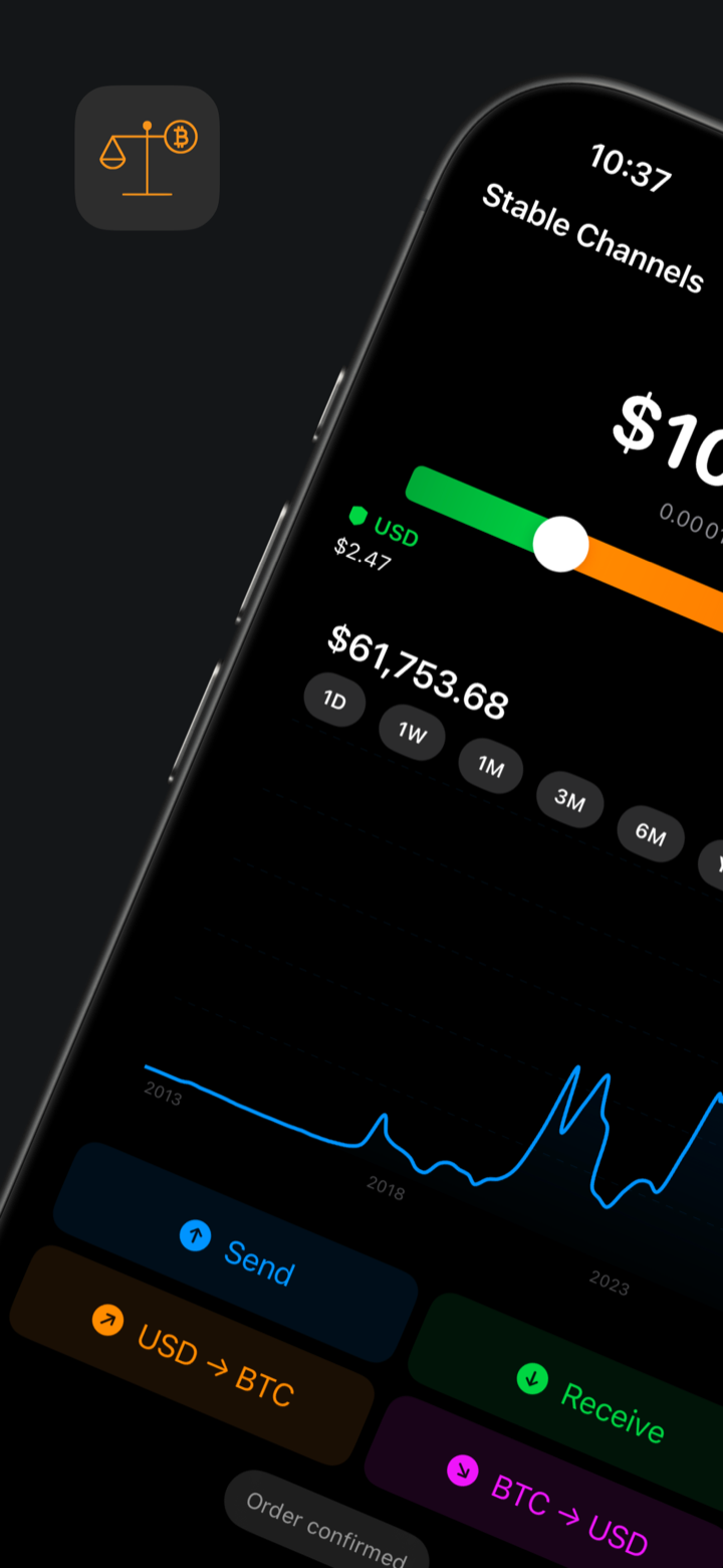 Stable Channels app — balance bar with USD stability and BTC exposure (left)