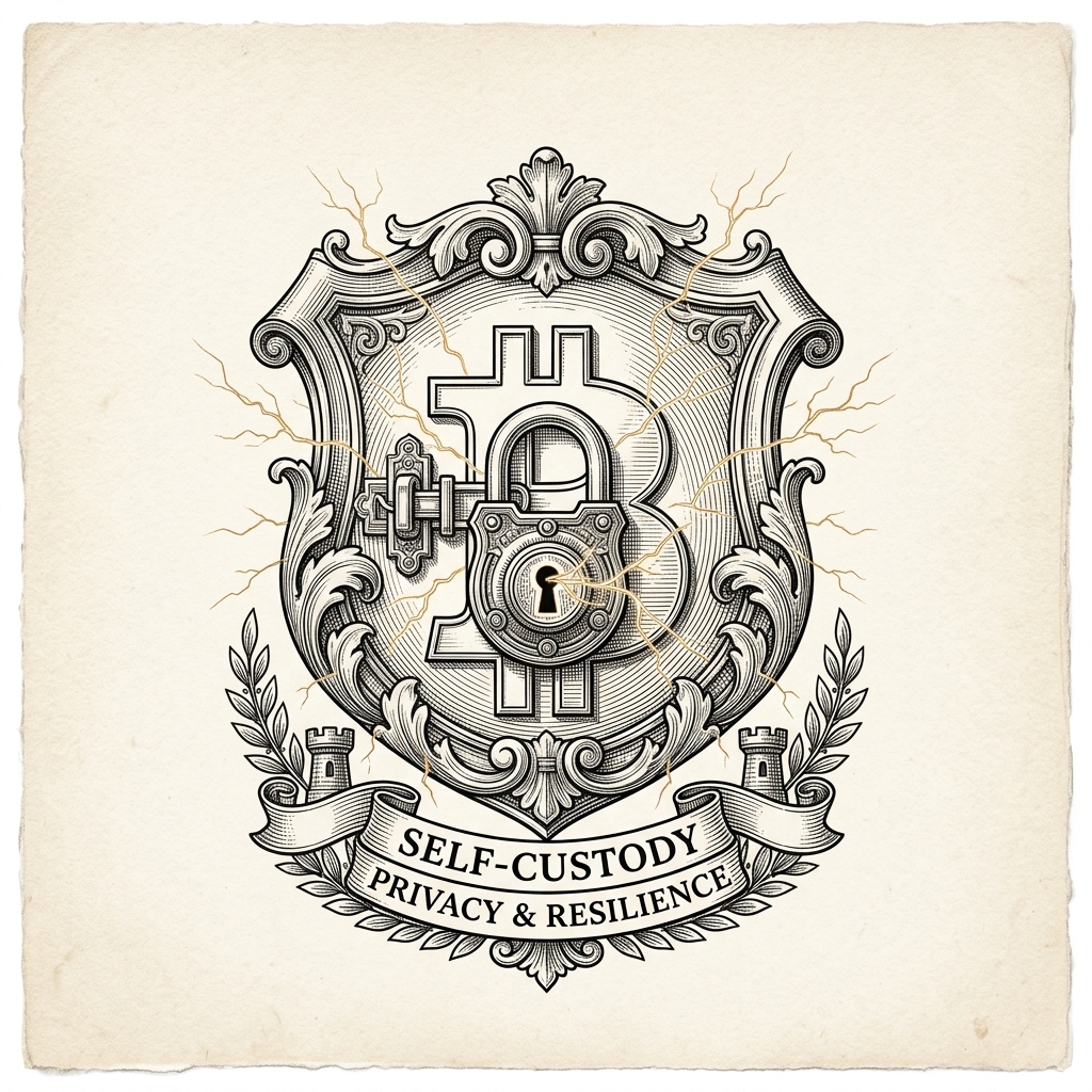 Self-custodial Bitcoin shield and fortress privacy illustration